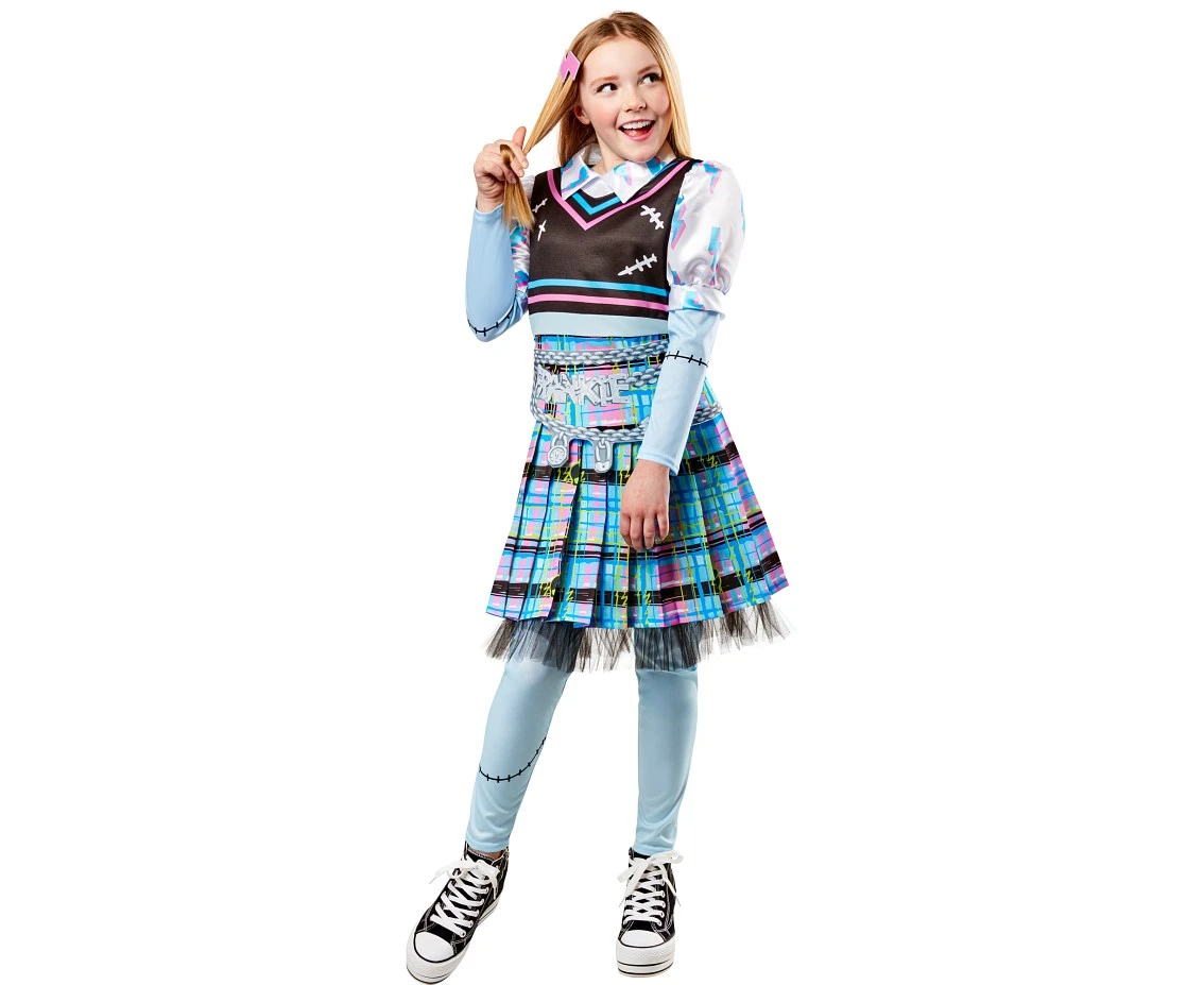 Role play-set for kids Frankie Stein digital printed dress with detachable belt accessory and lightning bolt hair clip, size M